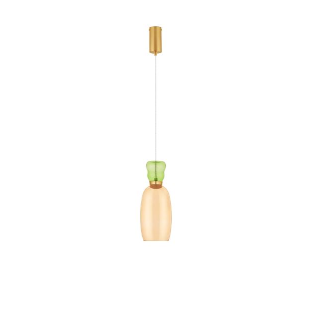 Nova Luce Pluma - Hängelampe - Ø 15 x 179 cm - 9W LED inkl. - Gold, glänzendes hellgrünes und gelbes Glas
