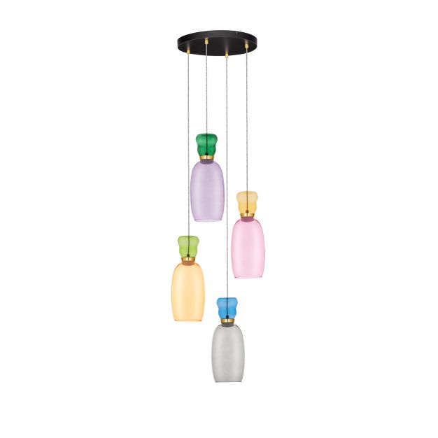 Nova Luce Pluma - Hängelampe - Ø 42 x 150 cm - 36W LED inkl. - Gold, glänzender Jaspis, violettes, gelbes, rosa, hellgrünes, hellblaues und cyanfarbenes Glas