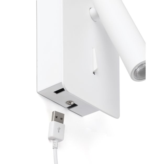 Faro Suau - Wandleuchte mit Schalter und USB-Anschluss - 9,5 x 14 x 17 cm - 3W LED inkl. - matt weiß