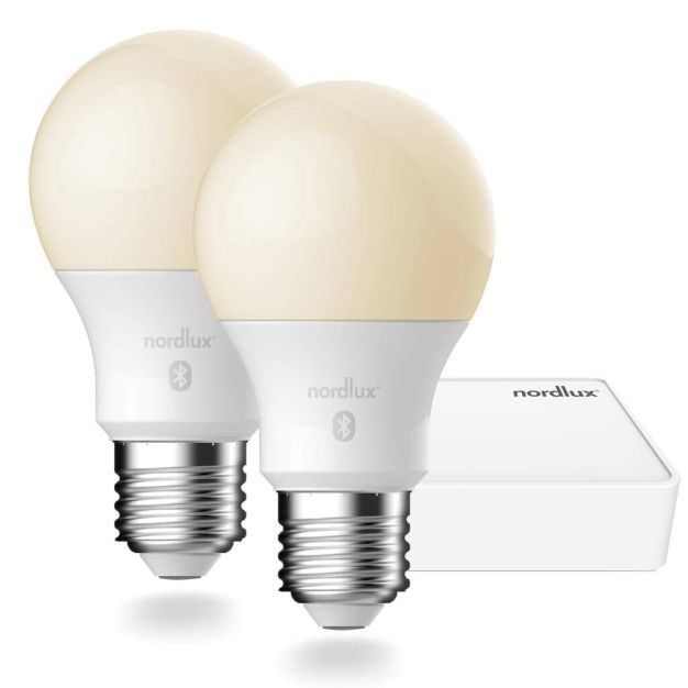Nordlux Smart Starter Pack - smarte Lichtbrücke mit 2x smarter LED-Glühbirne - intelligente Beleuchtung - Ø 6 x 10,9 cm - E27 - 7W - Dimmfunktion und einstellbare Lichtfarbe per App - weiß