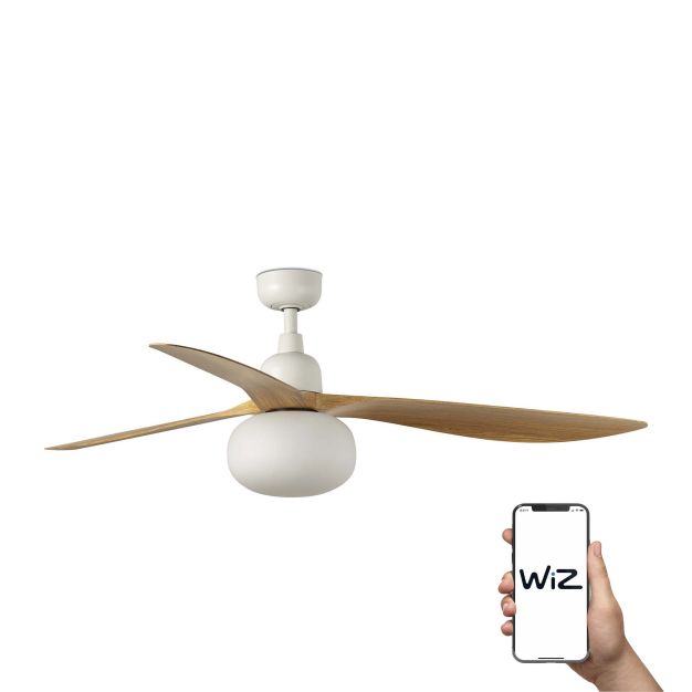 Faro Outwood L Wiz Smart - deckenventilator mit licht und fernbedienung - Ø 150 cm x 43 cm - IP44 - matt weiß und eiche