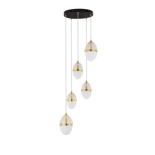 Nova Luce Egna - Hängelampe - Ø 45 x 120 cm - 59W LED inkl. - Opal, Cognacglas, gold und schwarz