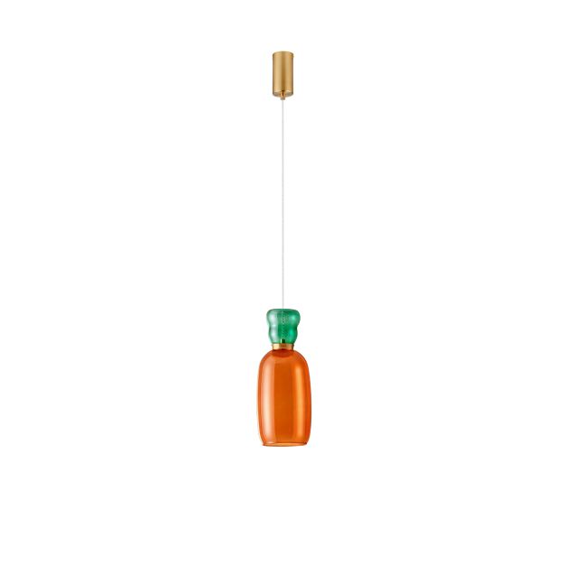 Nova Luce Pluma - Hängelampe - Ø 15 x 179 cm - 9W LED inkl. - Gold, glänzender Jaspis und oranges Glas