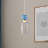 Nova Luce Pluma - Hängelampe - Ø 15 x 179 cm - 9W LED inkl. - Gold, glänzendes hellblaues und rauchiges Glas