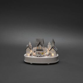 Konstsmide Weihnachtsbeleuchtung - batteriebetriebenes Holzhaus und Kirche - mit Musik - 22 x 12 x 15,5 cm - weiß