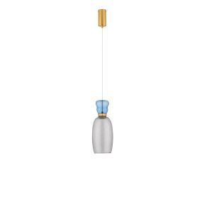 Nova Luce Pluma - Hängelampe - Ø 15 x 179 cm - 9W LED inkl. - Gold, glänzendes hellblaues und rauchiges Glas