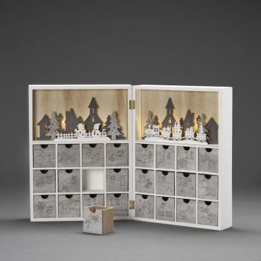 Konstsmide Weihnachtsbeleuchtung - batteriebetriebener Adventskalender aus Holz - 27,5 x 36,5 x 11 cm - weiß