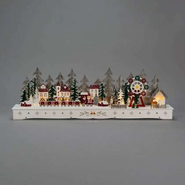 Konstsmide Weihnachtsbeleuchtung - hölzernes Weihnachtsdorf mit batteriebetriebenem Weihnachtsmann - 78 x 25 x 9 cm - weiß