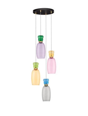 Nova Luce Pluma - Hängelampe - Ø 42 x 150 cm - 36W LED inkl. - Gold, glänzender Jaspis, violettes, gelbes, rosa, hellgrünes, hellblaues und cyanfarbenes Glas