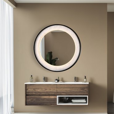 ZWEITE CHANCE - Searchlight Luxo - Spiegel mit Beleuchtung - Ø 80 cm - 17W LED inkl. - IP44 - mattschwarz