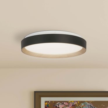 Searchlight Sorrento - Deckenleuchte mit Fernbedienung - Ø 38 x 8 cm - 24W dimmbare LED inkl. - Schwarz und Holzoptik