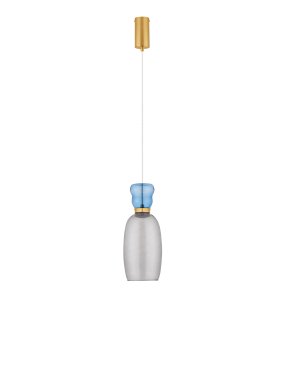 Nova Luce Pluma - Hängelampe - Ø 15 x 179 cm - 9W LED inkl. - Gold, glänzendes hellblaues und rauchiges Glas