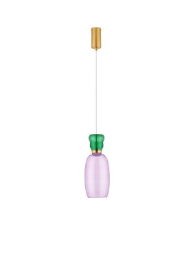 Nova Luce Pluma - Hängelampe - Ø 15 x 179 cm - 9W LED inkl. - Gold, glänzender Jaspis und violettes Glas