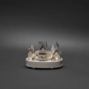 AUSSTELLUNGSSTÜCK - Konstsmide Weihnachtsbeleuchtung - batteriebetriebenes Holzhaus und Kirche - mit Musik - 22 x 12 x 15,5 cm - weiß