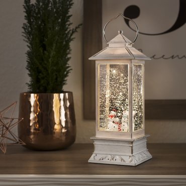 AUSSTELLUNGSSTÜCK - Konstsmide Weihnachtsbeleuchtung - batteriebetriebene Deko-Laterne mit Schneemännern - 10,5 x 10,5 x 27,5 cm - weiß