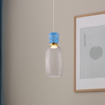 Nova Luce Pluma - Hängelampe - Ø 15 x 179 cm - 9W LED inkl. - Gold, glänzendes hellblaues und rauchiges Glas