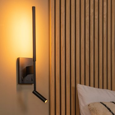 Lucide Finan - Wandleuchte mit USB-Ladestation - 13,7 x 10 x 56,2 cm - 6W+3W LED inkl - schwarz