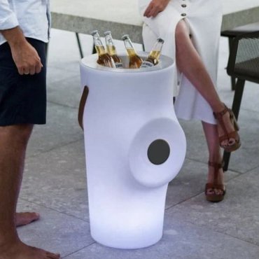 New Garden Woody - Flaschenhalter mit Beleuchtung und Musik mit wiederaufladbarem Akku und Fernbedienung - Ø 39 x 70 cm - RGB + weiß 5W dimmbare LED inkl. - IP43 - weiß