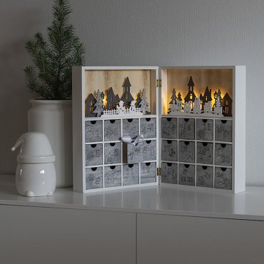Konstsmide Weihnachtsbeleuchtung - batteriebetriebener Adventskalender aus Holz - 27,5 x 36,5 x 11 cm - weiß
