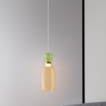 Nova Luce Pluma - Hängelampe - Ø 15 x 179 cm - 9W LED inkl. - Gold, glänzendes hellgrünes und gelbes Glas