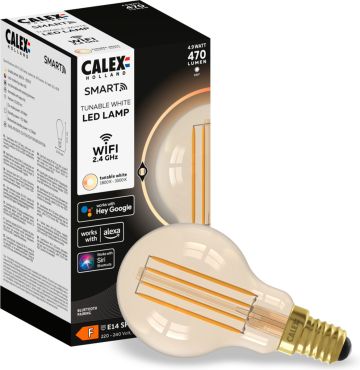 Calex Smart LED Lampe - Ø 4,5 x 11 cm - E14 - 4,9W - Dimmfunktion über App - 1800 bis 3000K - Gold
